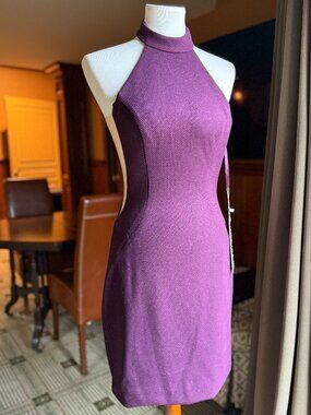 NWT Jovani 55191A Purple Glitter High Neck Mini Dress - size 8